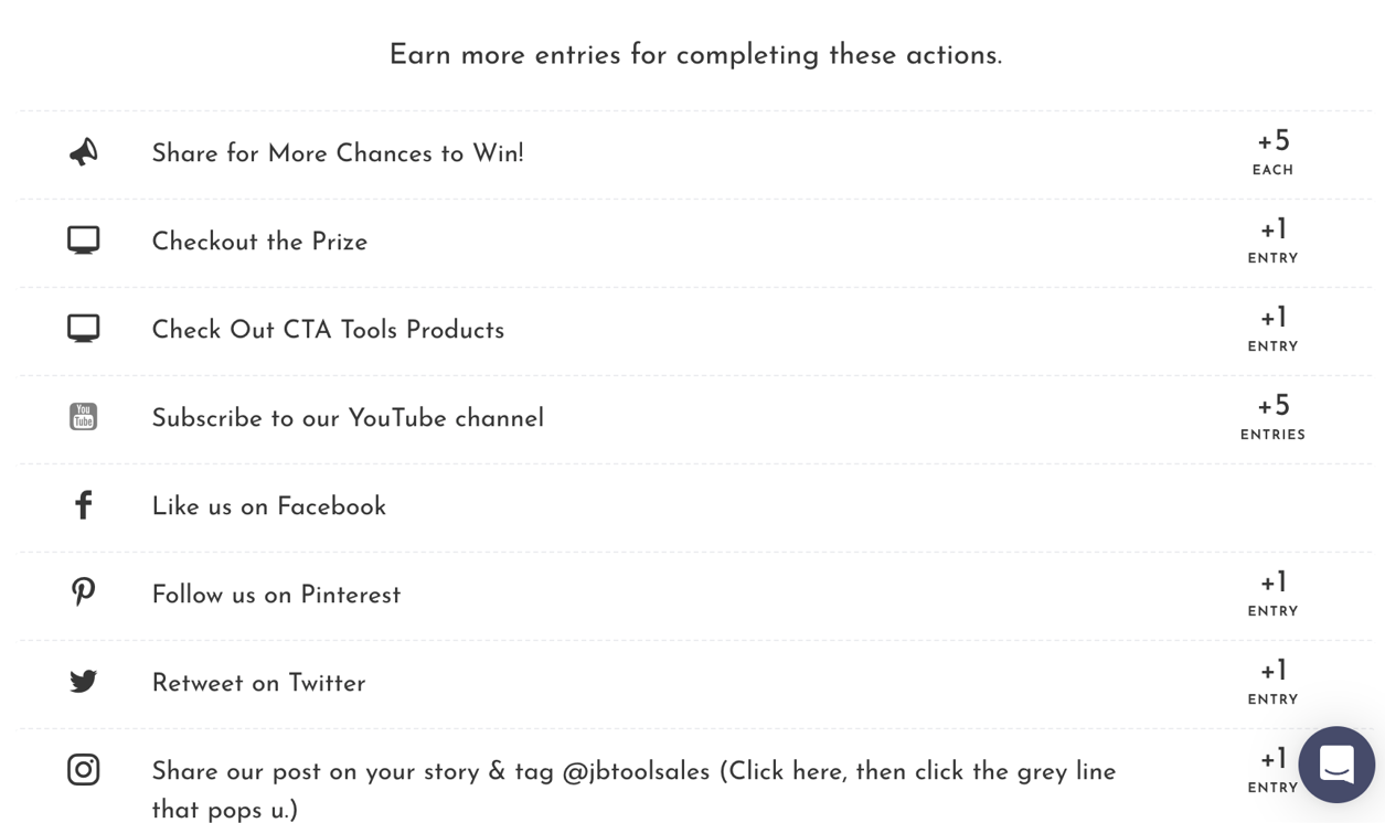Contest entry actions list, earn points by sharing, subscribing, liking, following on social media platforms