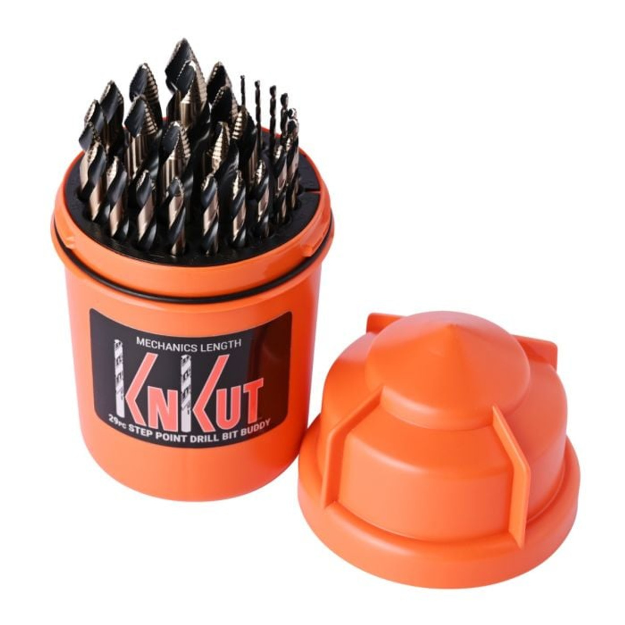 KnKut drill bit set in orange container, mechanics length step point bits