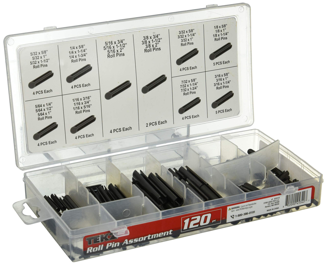 Set of Tekz Roll Pins in a plastic container with labels of sizes, spring pin, roll pin
