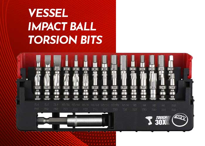 Vessel impact ball torsion bits set, featuring various bit sizes in a red and black holder